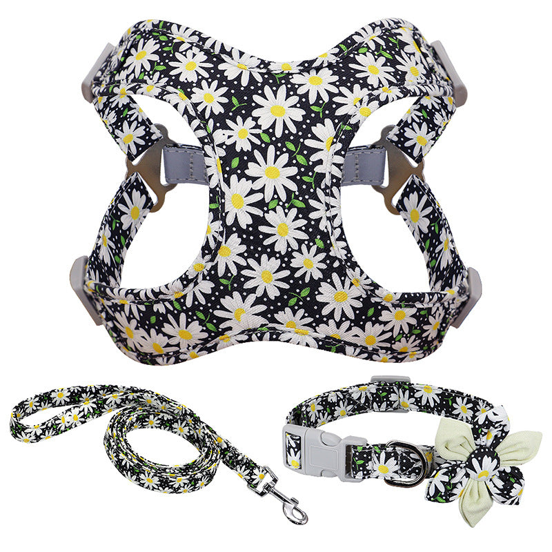 Flower Printed Dog Collar Harness Leash Set Nylon Small Medium Large Dogs Harness Vest Collar Leashes For Chihuahua Puppy Pet