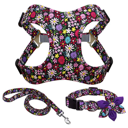 Flower Printed Dog Collar Harness Leash Set Nylon Small Medium Large Dogs Harness Vest Collar Leashes For Chihuahua Puppy Pet